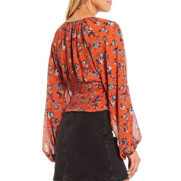 NWOT  Free People Rose Floral Print Deep V-Neck Long Balloon Sleeve Ruched T - Picture 3 of 5